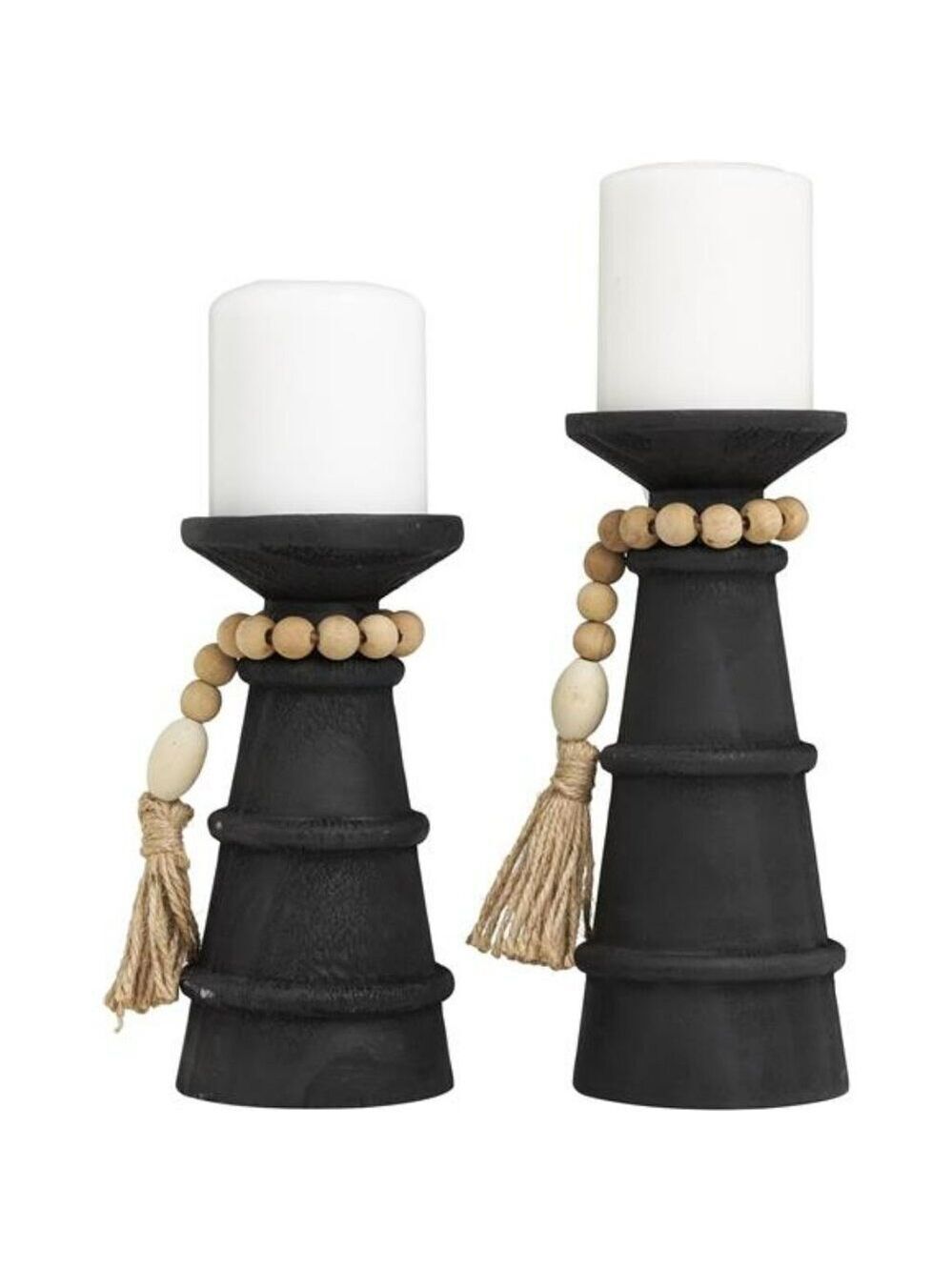 Black Wood Candle Holders Set of 2 Decorative Rustic Beaded Garland Home Decor